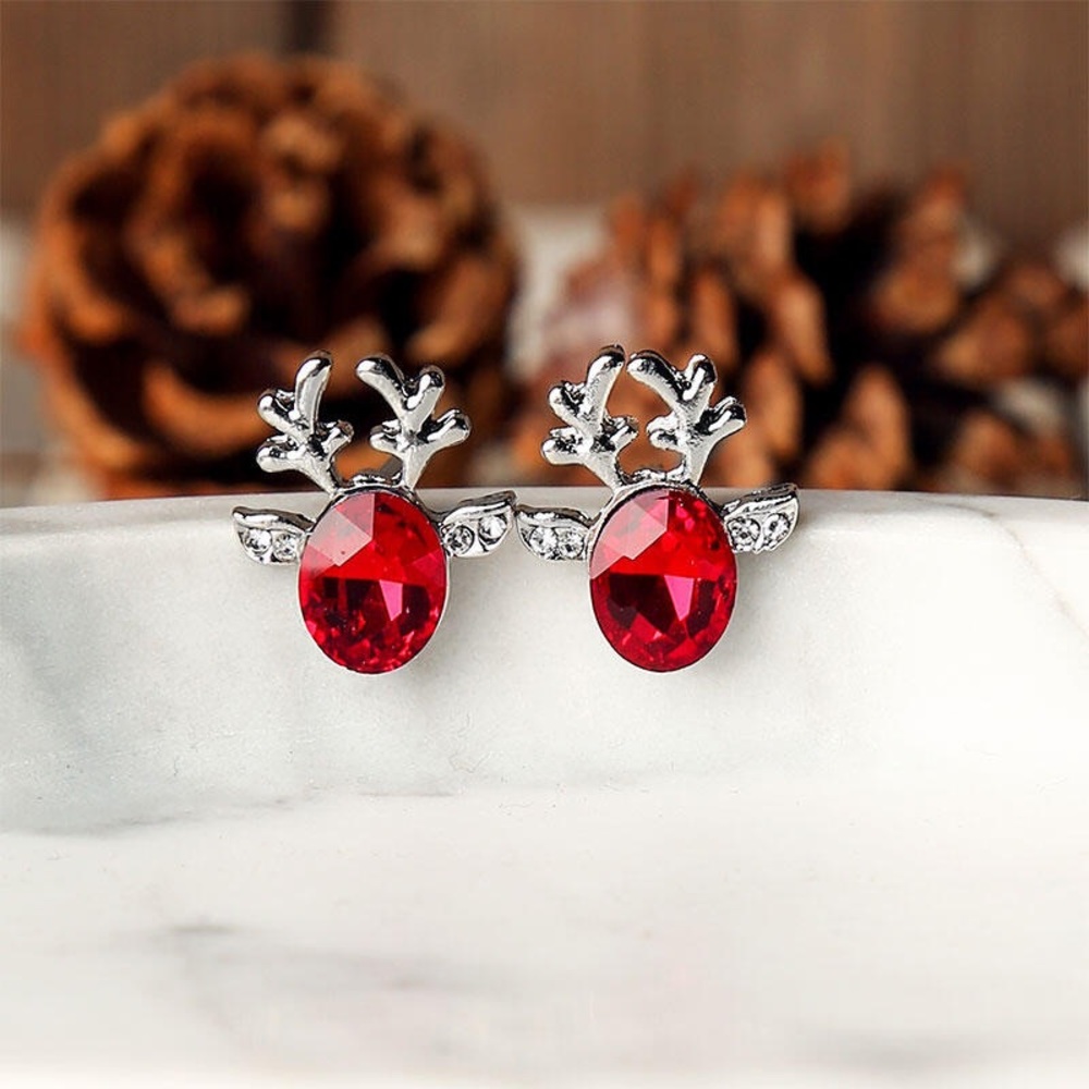Silver & Red Crystal Reindeer Stud Earrings